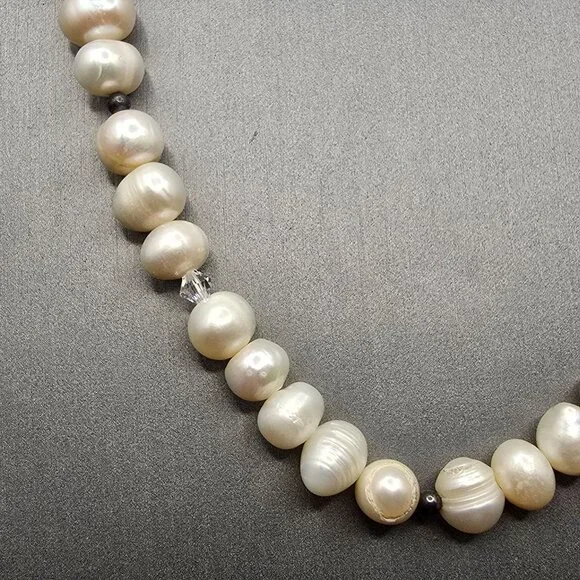 VTG White Graduated Baroque Pearl Necklace 22" Sterling Toggle Crystal Accents - Picture 1 of 13